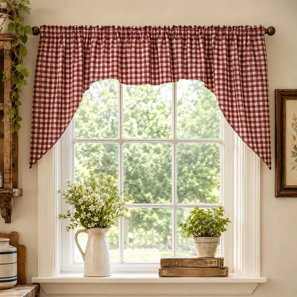 Cottage Country Check Plaid Swag Valances (2) Curtains Lined Cranberry Ivory